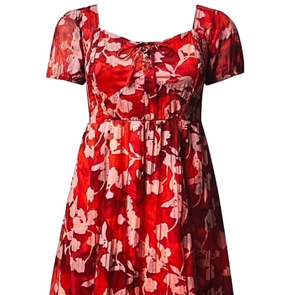 Torrid Midi Cotton Clip Dot Lace Up Short Sleeve Smocked Red Dress, 2, 2X, 18/20 - Picture 6 of 9